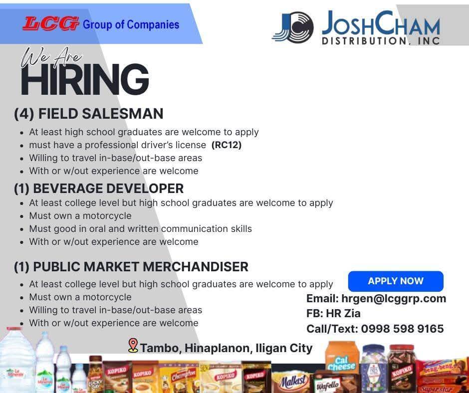 job hiring poster listing roles for field salesman, beverage developer, merchandiser, with contact info and location.