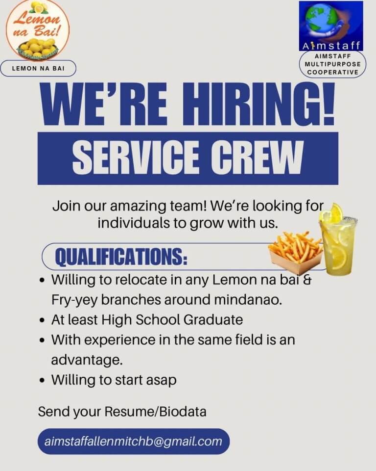 hiring ad for service crew, lists qualifications, contact info, and logos for lemon na bai and aimstaff cooperative.
