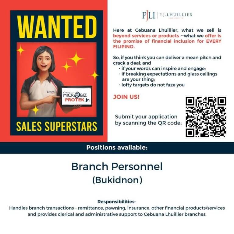 recruitment poster with a smiling woman, wanted sales superstars, job for branch personnel, bukidnon.