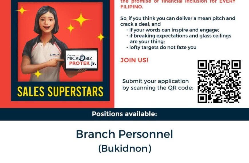 recruitment poster with a smiling woman, wanted sales superstars, job for branch personnel, bukidnon.