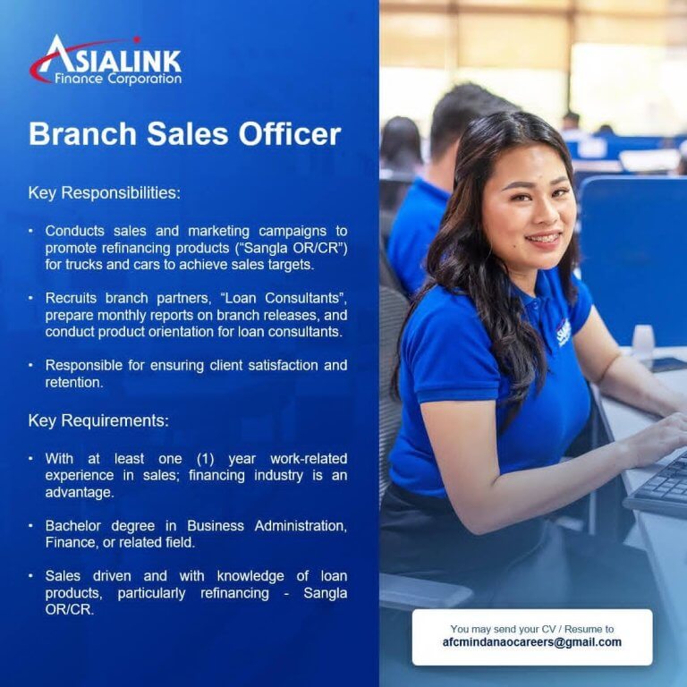 smiling woman in blue shirt sits at desk with coworkers; job ad for branch sales officer is overlaid on image.