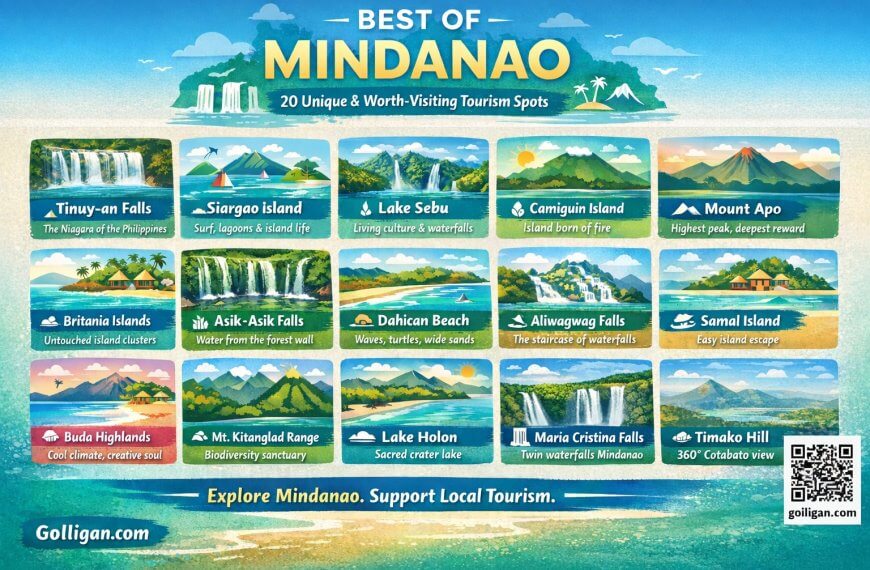colorful illustrated map highlighting the best of mindanao’s unique tourist spots with icons and brief descriptions.