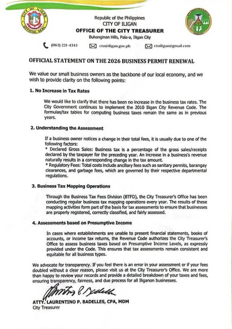 official statement from iligan city treasurer on 2026 business permit renewal, with detailed guidelines and logos.