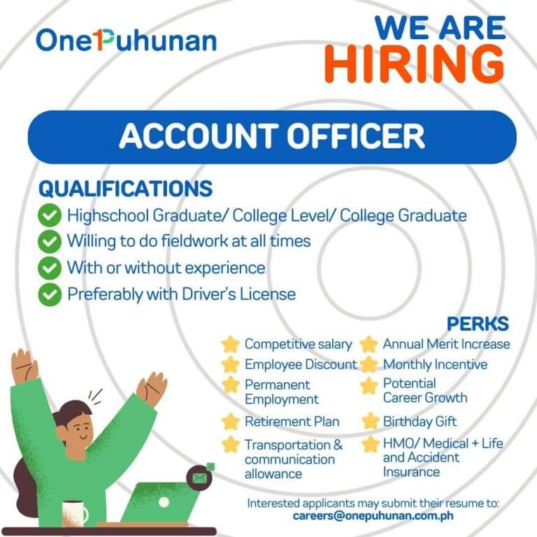 job ad for account officer: lists qualifications, perks, and contact email with a cartoon woman using a laptop.