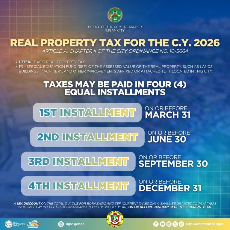 infographic detailing iligan city 2026 property tax installments, due dates, and payment information.