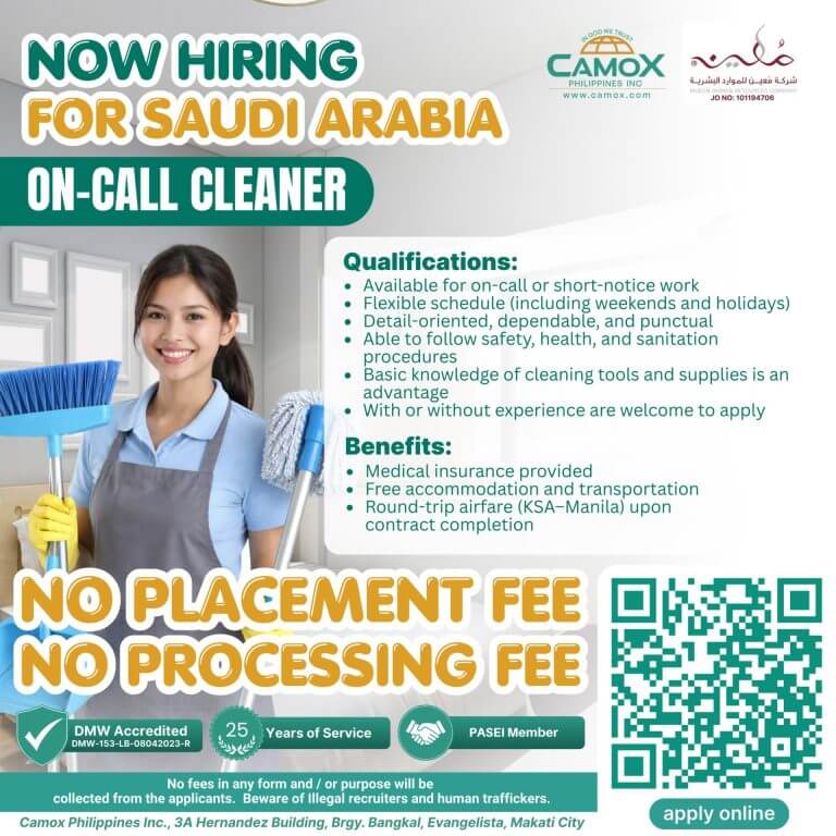 smiling woman holding mop and bucket; text promotes on call cleaners jobs in saudi arabia with no placement fee.