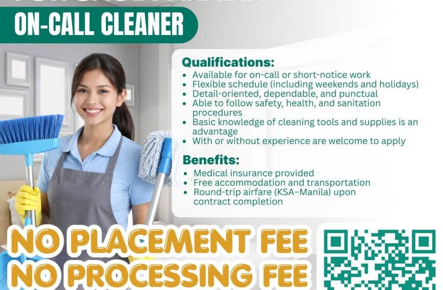 smiling woman holding mop and bucket; text promotes on call cleaners jobs in saudi arabia with no placement fee.
