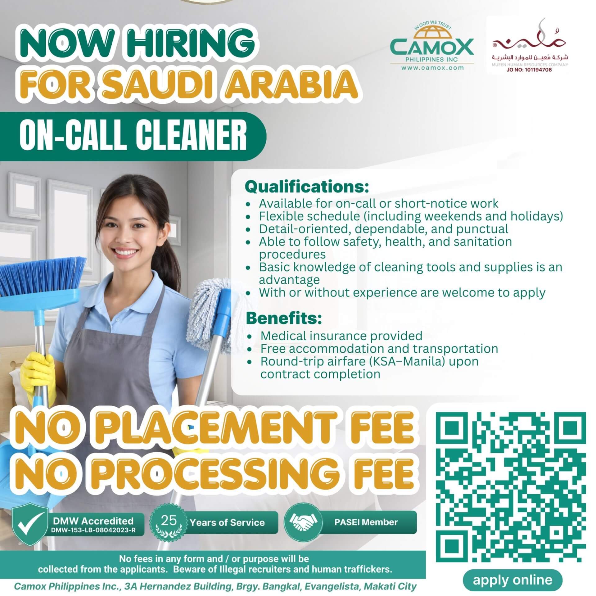 smiling woman holding mop and bucket; text promotes on call cleaners jobs in saudi arabia with no placement fee.