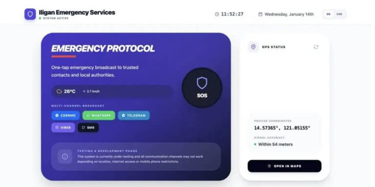 dashboard for goiligan emergency services with emergency broadcast options and precise gps location display.