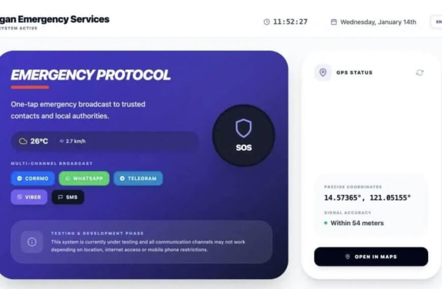 dashboard for goiligan emergency services with emergency broadcast options and precise gps location display.