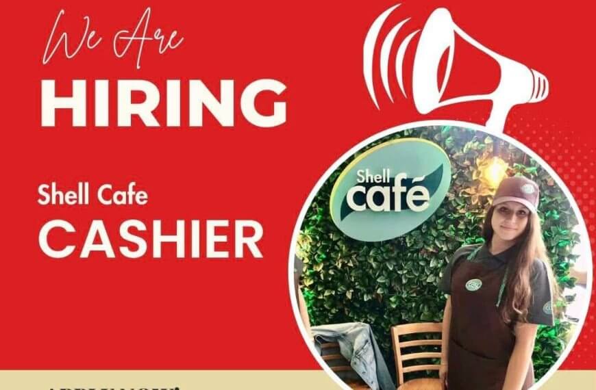 hiring ad for shell cafe cashier; woman in uniform stands beside shell cafe logo, application details below.