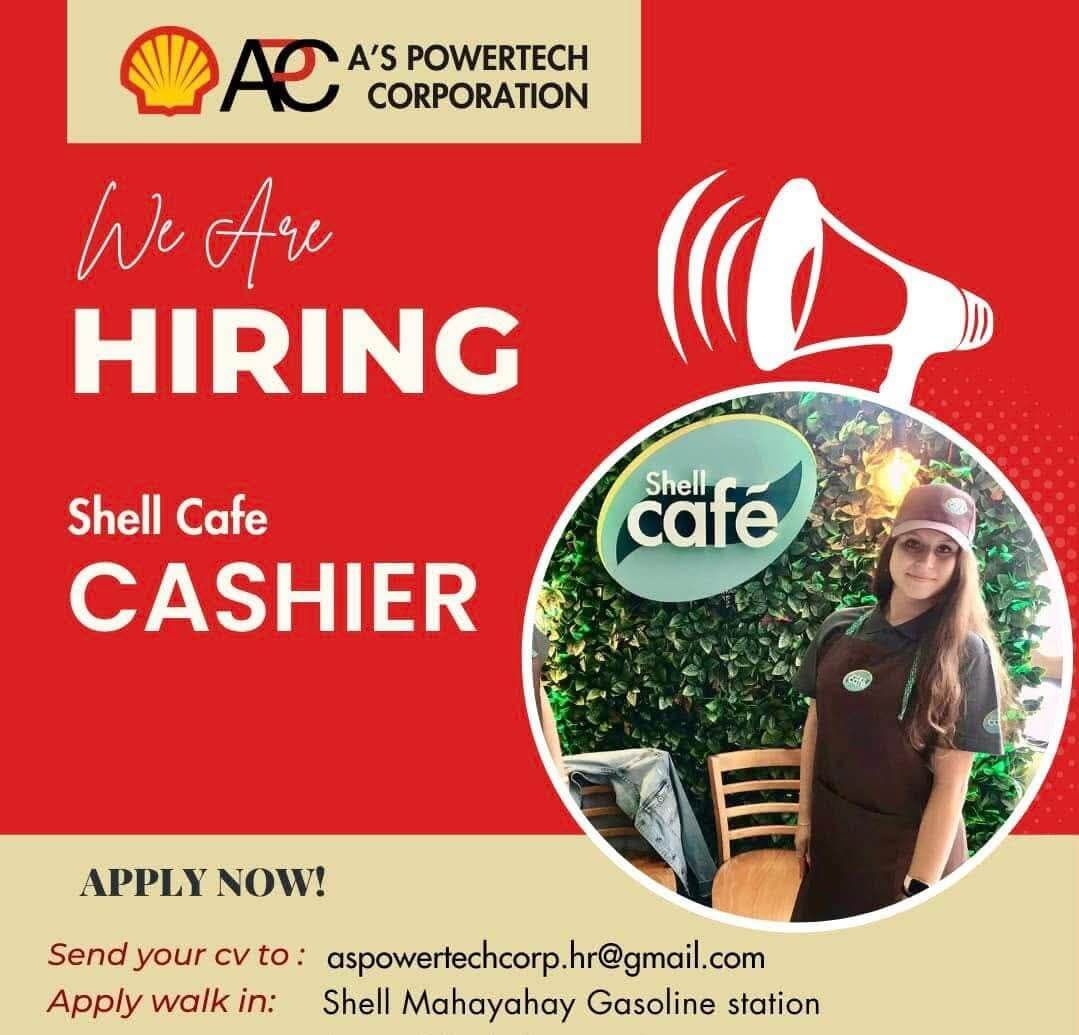 hiring ad for shell cafe cashier; woman in uniform stands beside shell cafe logo, application details below.
