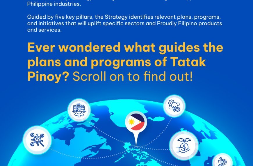 blue graphic with global map, icons for innovation, trade, skills, jobs, and text about tatak pinoy strategy.