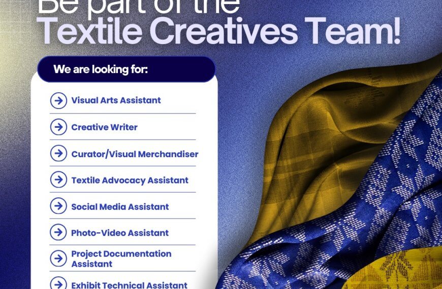 textile creatives team hiring list on a blue gold textile background with logos and patterned cloth.