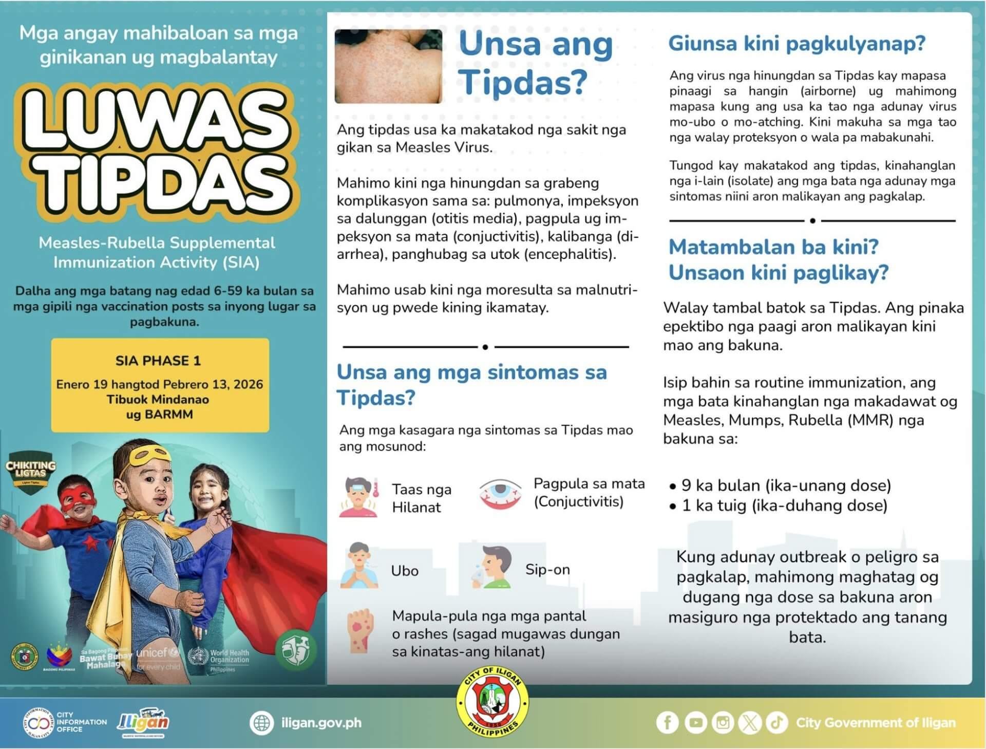 infographic in cebuano for iligan city parents on measles immunization, symptoms, and prevention tips.