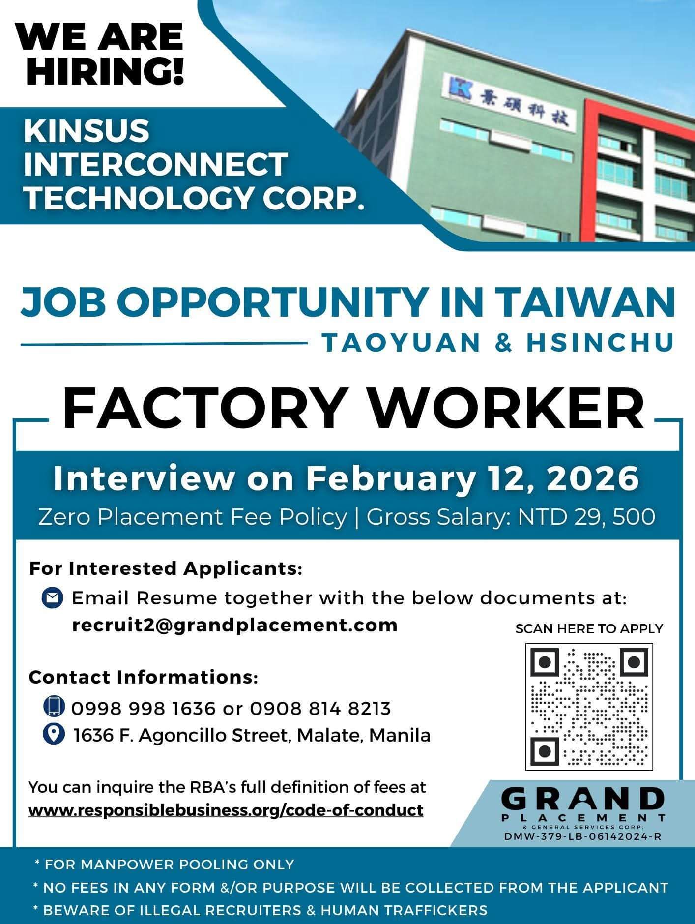 a job ad for factory workers in taiwan; interview feb 12, 2026; salary ntd 29,500; apply via grand placement.