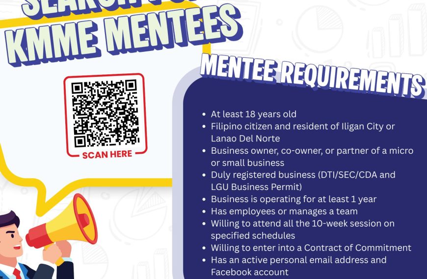 poster seeking kmme mentees; lists requirements, contact info, qr code, and a businessman illustration.