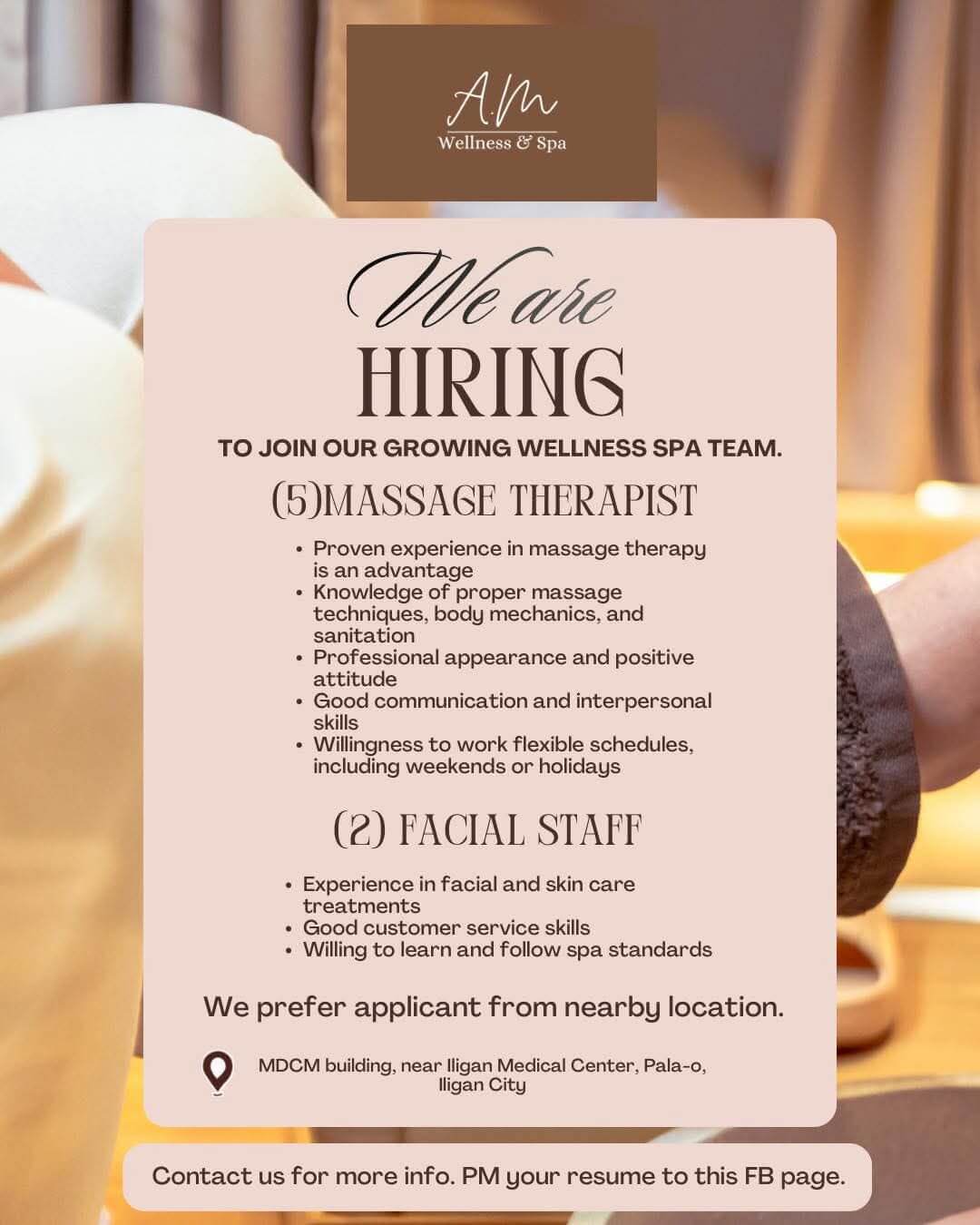 wellness spa hiring poster listing job openings for massage therapists and facial staff on a soft, blurred background.
