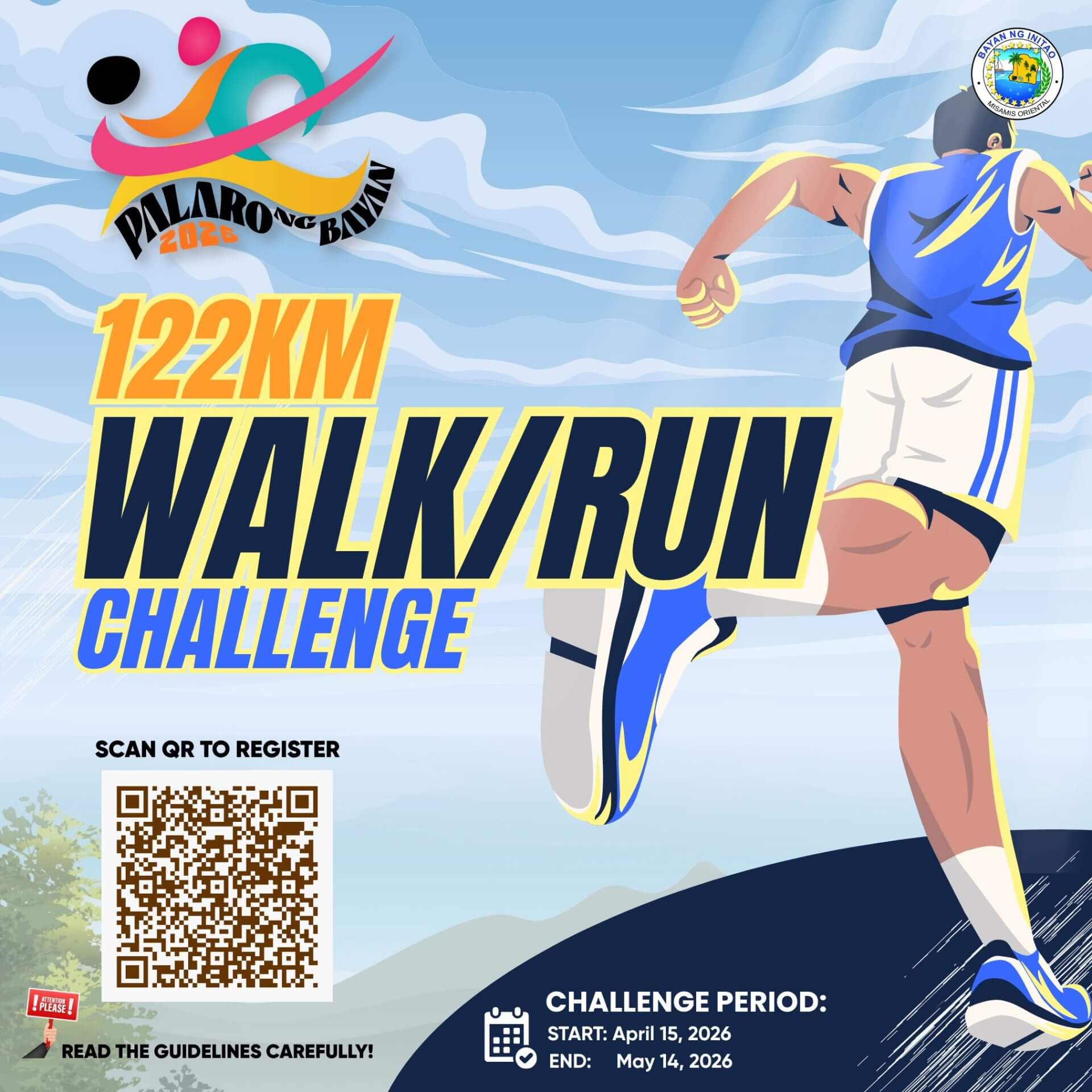 poster for initao walk/run challenge: 122km, event dates, runner, qr code—part of palaro ng bayan 2026.