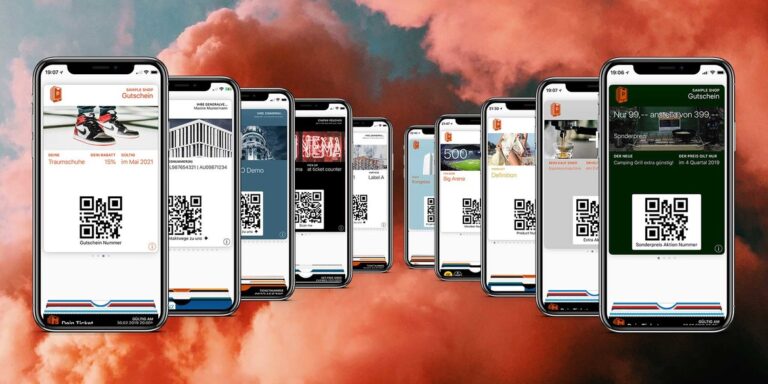 smartphones avec divers coupons et billets numériques, chacun équipé d’un code QR dans l’application. Les fonds d’écran montrent différents designs, notamment des baskets, un pont et des boîtes-cadeaux. Les téléphones sont placés sur un fond dramatique de nuages rouges et oranges, mettant en évidence leur fonction de passage numérique.
