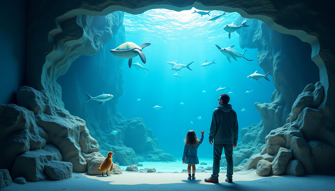 Un homme et une fille se tiennent à l’entrée d’une grotte sous-marine, se tenant la main et observant les créatures marines telles que les requins et une tortue nager. Un pingouin se tient à côté d’eux, comme s’ils faisaient partie d’installations vidéo immersives de musée dans l’eau bleue du soleil.
