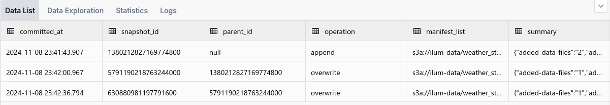 SQL Iceberg snapshots query results