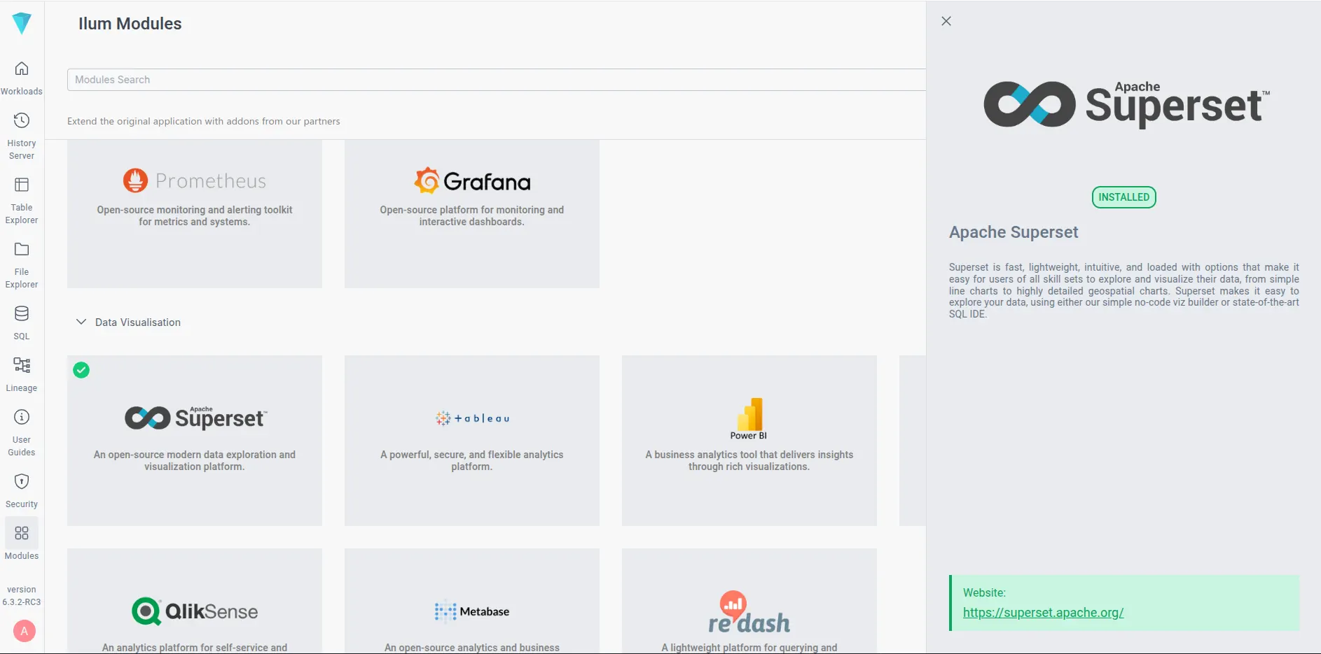 Screenshot of Ilum modules with Superset enabled