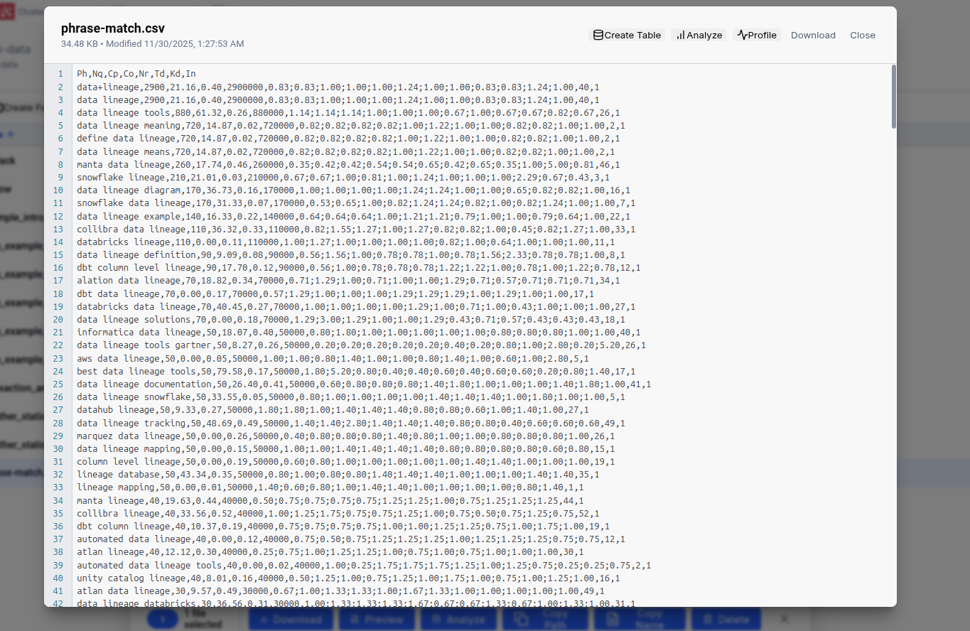 Line-numbered preview for quick data inspection CSV File Preview