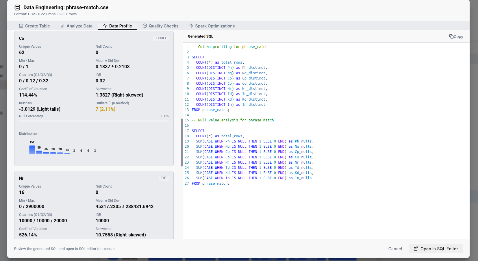 Statistical analysis and distribution charts Data Profile View
