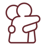 Dibujo lineal sencillo de dos figuras humanas abstractas abrazándose, en color marrón sobre fondo gris claro, evocando fraternidad cristiana.