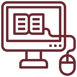 Dibujo en línea burdeos de un monitor con un libro abierto y ratón, representando formación teológica cristiana online o cursos virtuales.