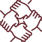 Cuatro manos ilustradas se sostienen de las muñecas formando un cuadrado, símbolo de unidad y trabajo en equipo, sobre fondo claro.