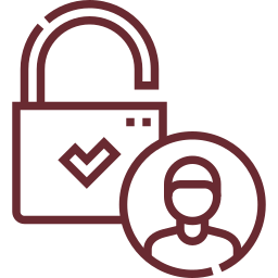 Ícono de contorno burdeos muestra un candado abierto con marca de verificación junto a una figura circular de persona con birrete, simbolizando acceso seguro autorizado para Cursos para Personas.