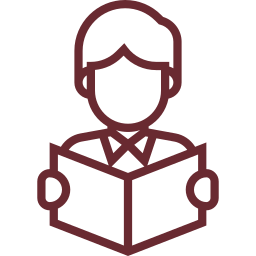 Dibujo lineal de figura con cabello corto, camisa de cuello y libro abierto, en marrón sobre fondo claro. Ideal para docencia religiosa.