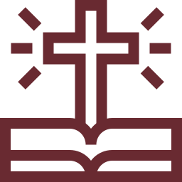 Ícono burdeos de un libro abierto con una cruz sobre él y líneas radiantes; representa cursos teológicos para centros, fondo claro.