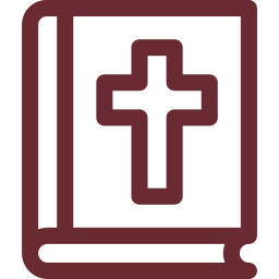 Ícono burdeos de un libro cerrado con cruz en la portada, representando una Biblia, sobre fondo gris claro.