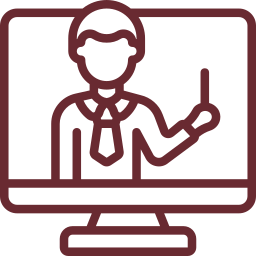 Dibujo lineal de una persona con corbata en pantalla de ordenador, sosteniendo un puntero, ilustrando enseñanza teológica en línea.