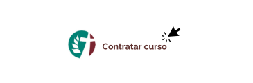 Logotipo circular con cruz y hoja estilizadas junto al texto "Contratar curso" en marrón, señalado por cursor, destacando DECA a distancia.