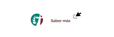 Logotipo circular verde y marrón con cruz y laurel junto al texto "Saber más" en marrón. Un cursor negro señala el texto.