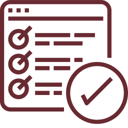 International Institute of Theology at a Distance – A maroon icon represents a checklist in a browser window with three approved items and a symbol of success. – Online Theological Training