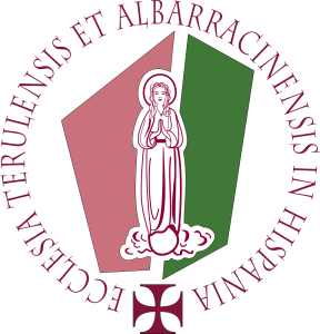 Ilustración estilizada de la Virgen María sobre nubes, fondo rosado y verde; el contorno cita "ECCLESIA TERULENSIS ET ALBARRACINENSIS IN HISPANIA", resaltando Teruel. Una cruz abajo representa al Instituto de Estudios Teológicos.