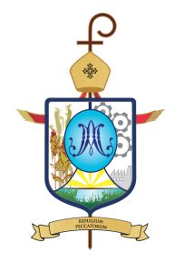 Escudo con símbolo mariano azul, campo circular, cultivos, engranajes y fábrica; mitra y báculo dorados, lema "REFUGIUM PECCATORUM". Representa la Diócesis Matamoros-Reynosa e IDITEP-IITD en el contexto de la formación teológica.