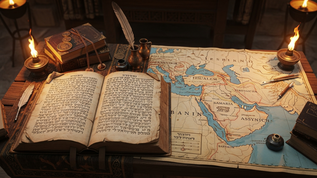 La Biblia en hebreo abierta descansa sobre un escritorio de madera, rodeado de velas, libros antiguos y utensilios de escritura. Un gran mapa de regiones antiguas como Asiria y Jerusalén evoca el mundo del Antiguo Testamento y una profunda formación bíblica.