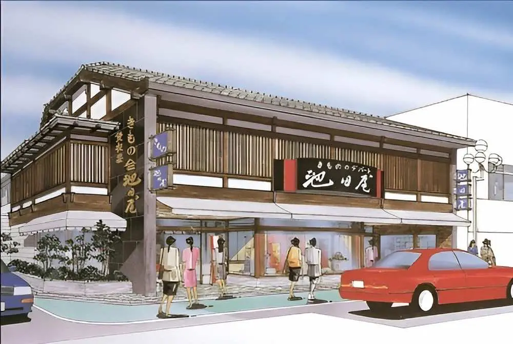 木造の建物と看板、そしてガラス窓のある店舗のイラスト。近くを数人が歩いており、店の前に赤い車が停まっている。.