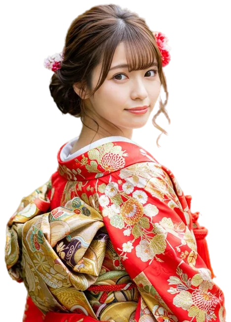ピンクと白の花で飾られたアップスタイルの茶色の髪をした女性が、赤と金の花柄の着物と帯を身に着け、わずかに微笑みながら肩越しに彼女を見ている。.
