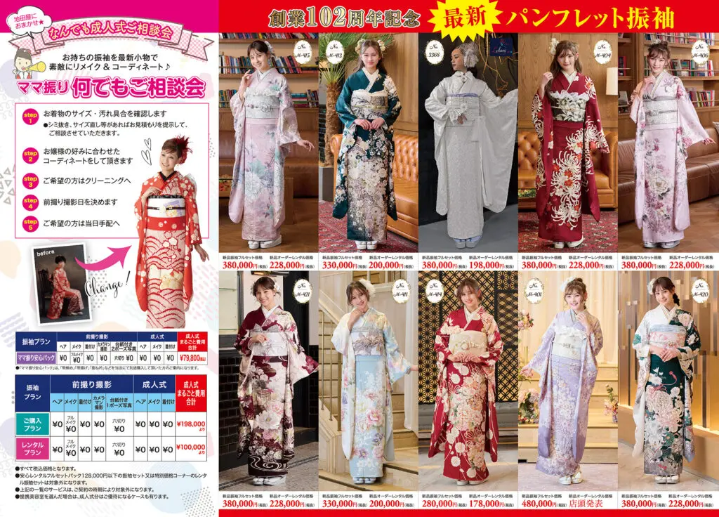 カタログページには、カラフルで華やかな振袖の着物を着た8人の女性が表示されている。モデルの横や上には、説明文、価格、図表、7月シーズンの日本語によるセール宣伝文が掲載されている。.