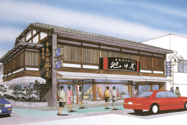 大きな窓と木製のアクセントのある2階建ての和風建築のイラスト。何人かの人が通り過ぎ、正面に赤い車が路上駐車している。建物には日本の看板が見える。.