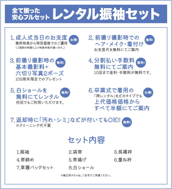 レンタル振袖セットの特徴や内容を掲載した日本の案内ポスター。青と白を基調に、箇条書きとセクションで構成されている。.