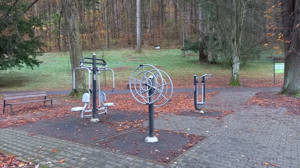 Outdoor fitness: Skupina cvičebních pomůcek v parku určená pro milovníky pohybu v přírodě.