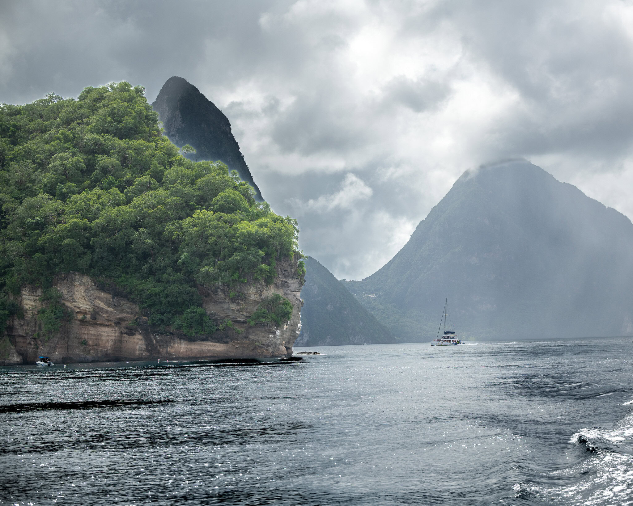Sailing near Le Grand Pitons in St. Lucia on a cloudy day